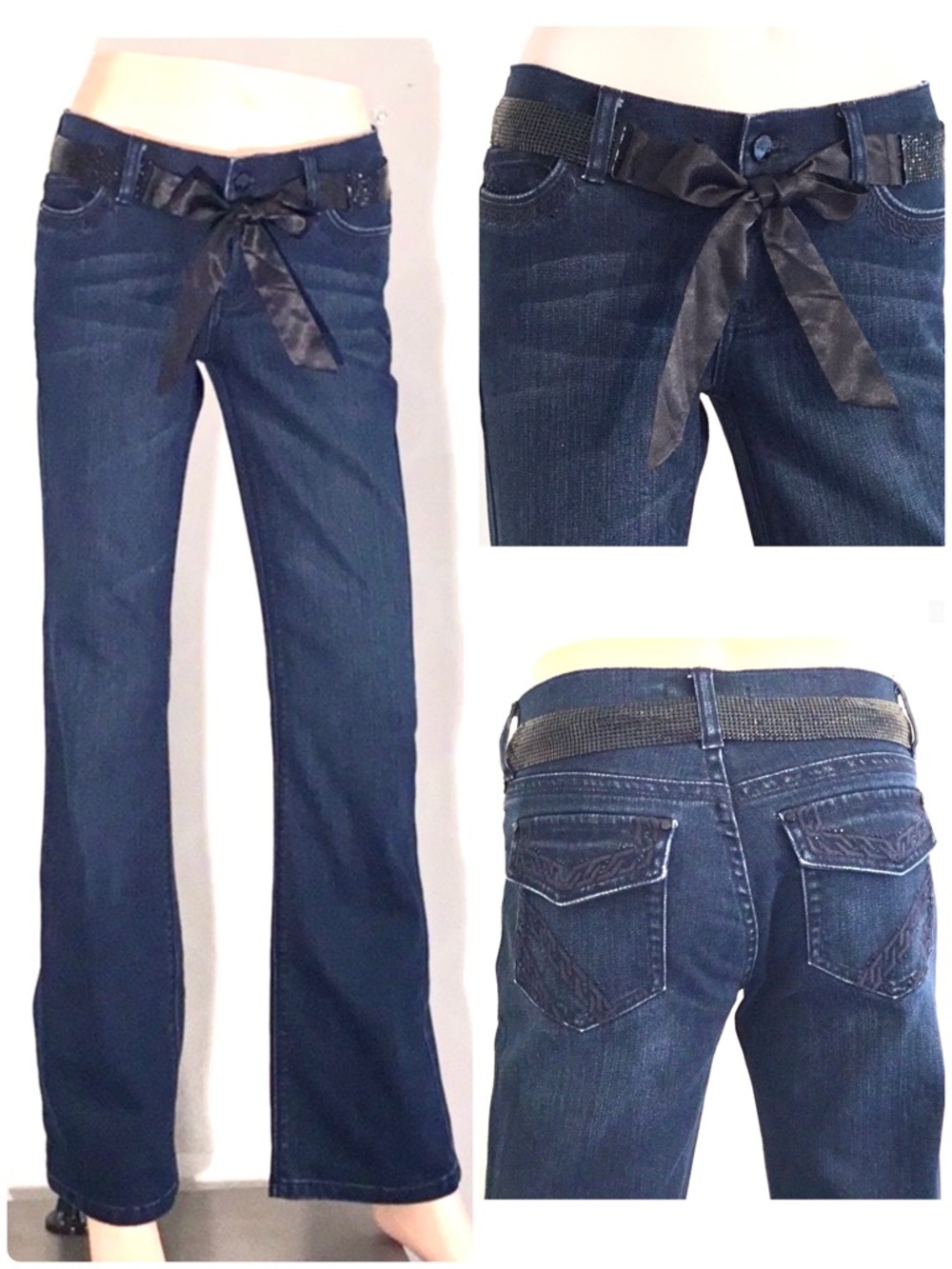 WHBM DARK WASH EMBELLISHED JEANS WITH TIE BELT